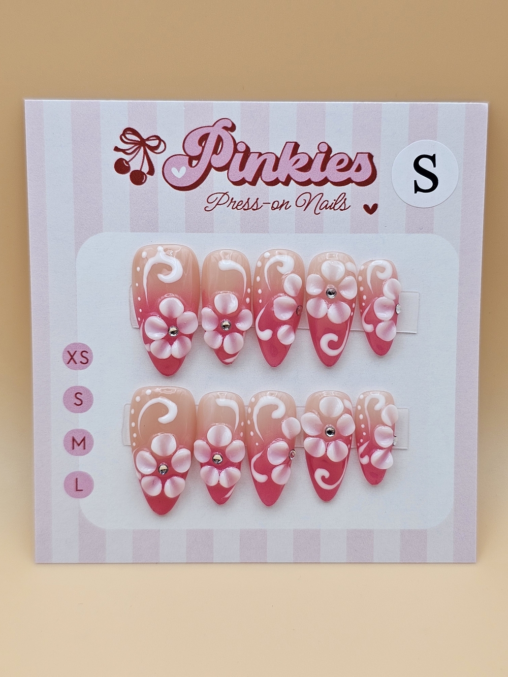 Press-on Nails Set 10pc Size S Almond Pink Nude Ombre White 3D Flowers Gems